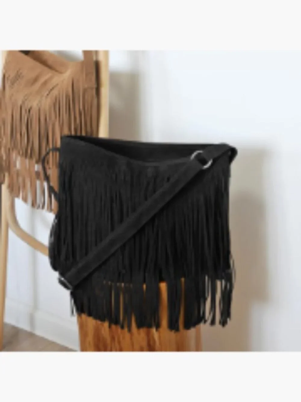 Faux Suede Leather Hobo Crossbody Bag with Tassel Fringe